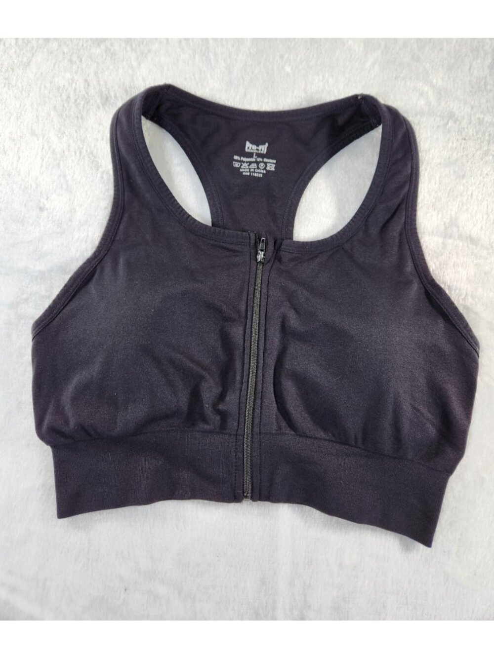 Pro-Fit Sports Bra L Black Seamless Zip Front Racerback, Removable Pads, Fitness